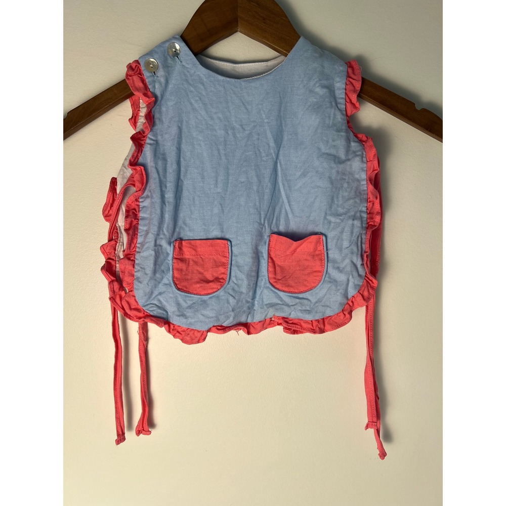 The Oaks Apparel Co. Pinafore Top 18M Blue Pink Ruffle Side Tie Cotton Linen